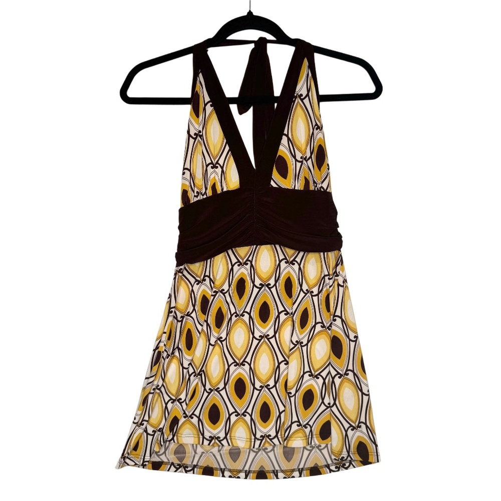 Vintage Y2K Brown Geometric Halter Babydoll Tunic Top